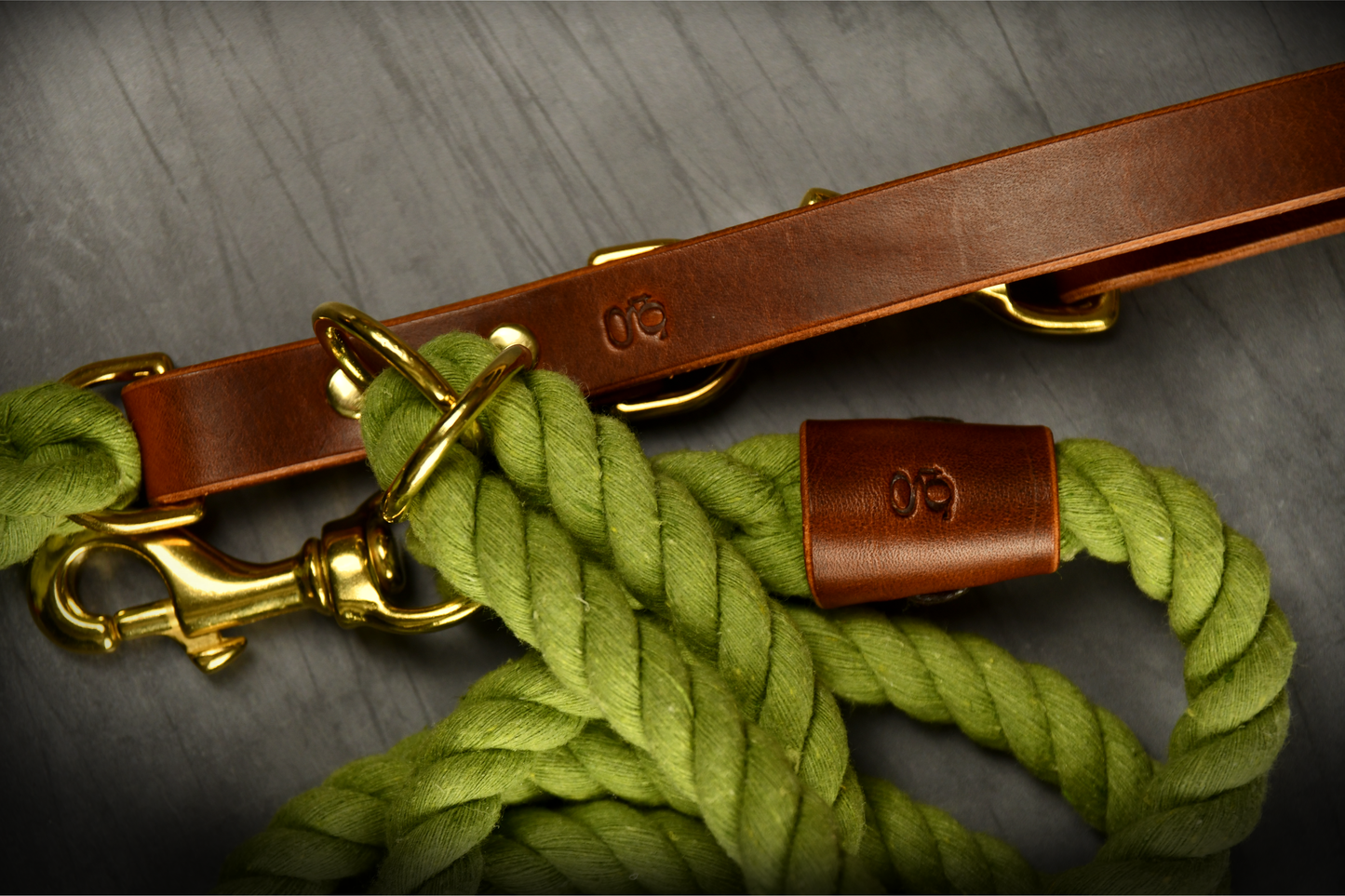 Hands-free Leather and Rope Dog Lead in Olive and Chestnut