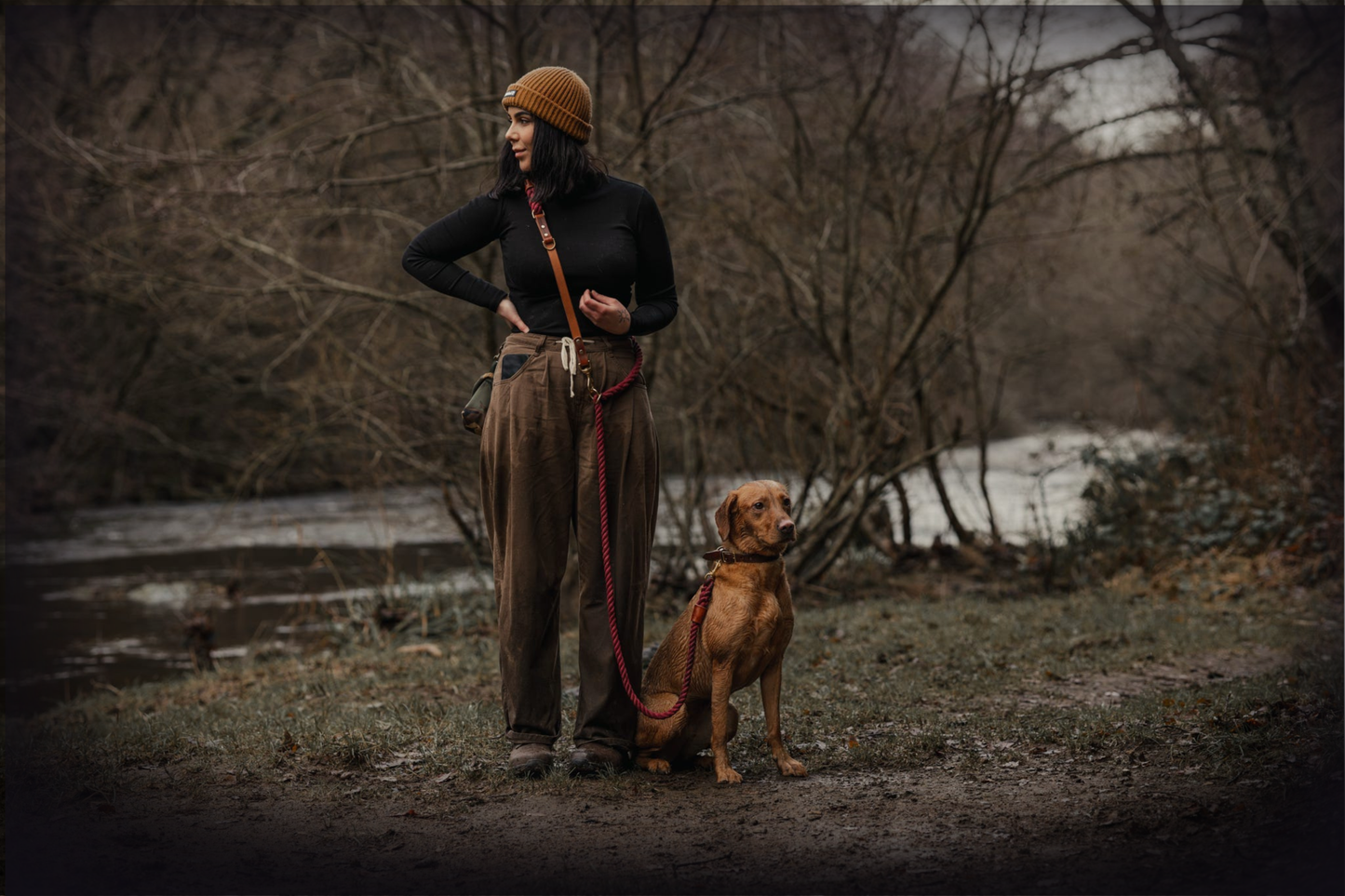 Hands-free Leather and Rope Dog Lead in Pastel Pink and Chestnut