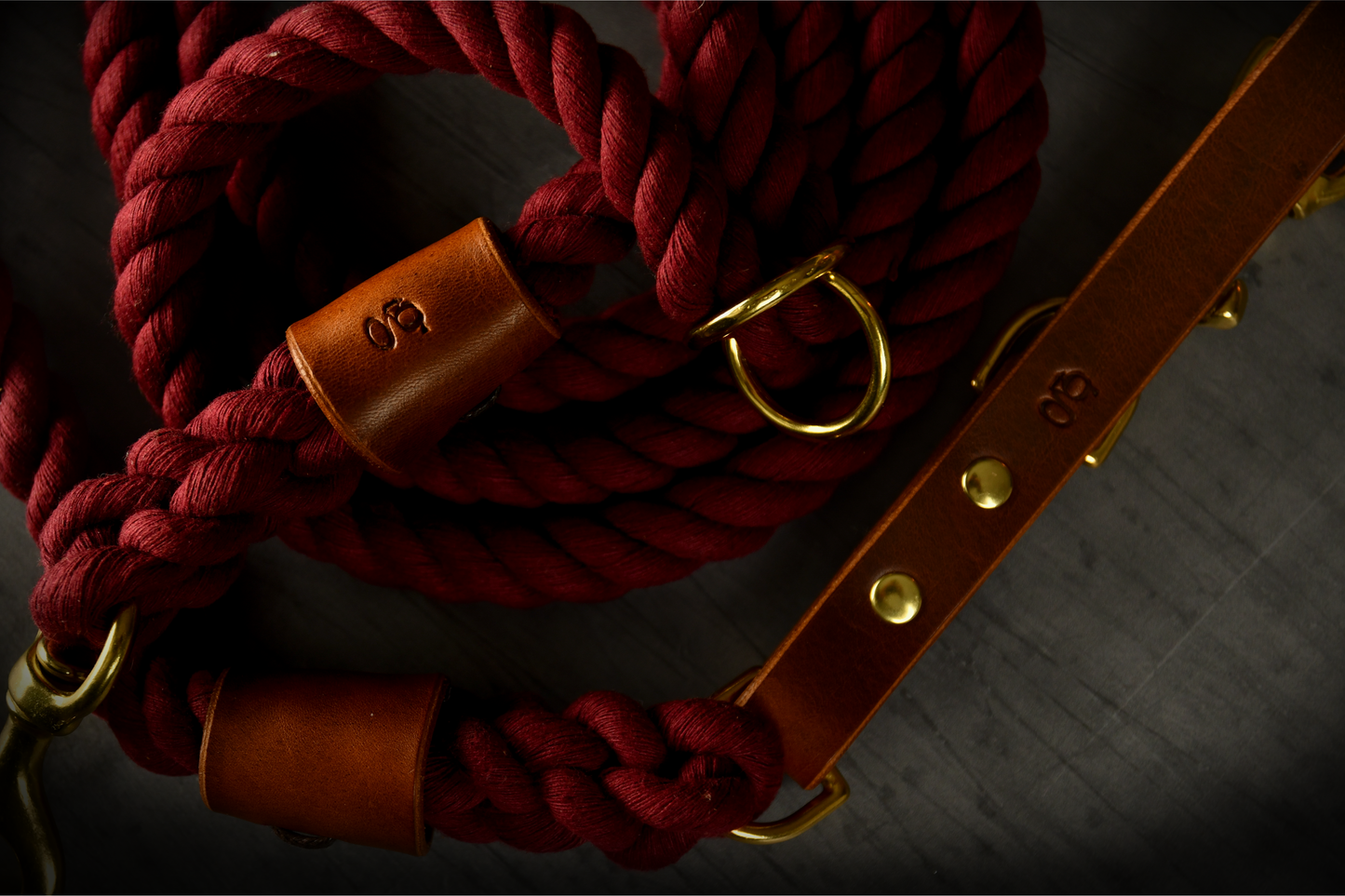 Hands-free Leather and Rope Dog Lead in Burgundy and Chestnut