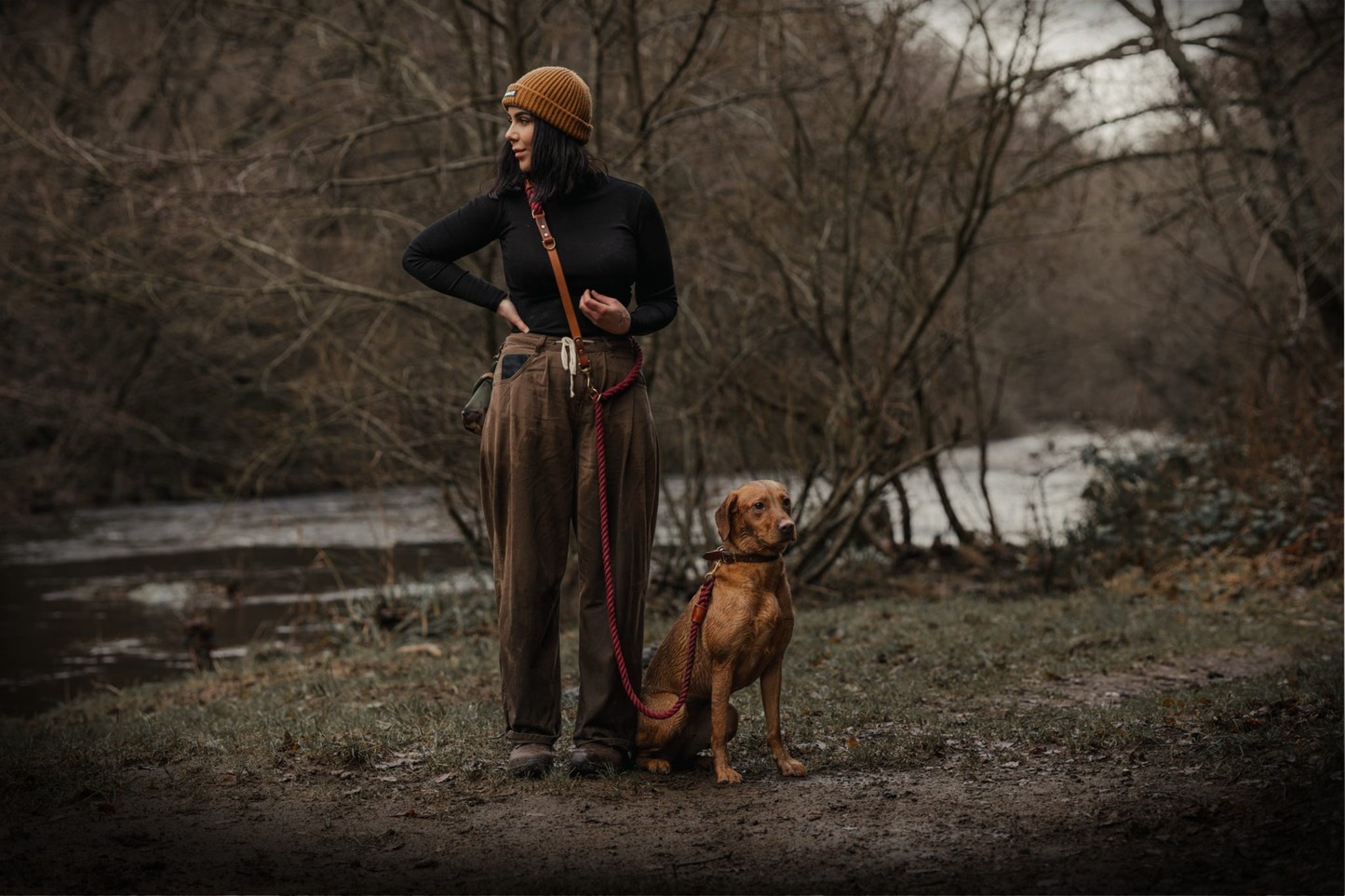 Hands-free Leather and Rope Dog Lead in Olive and Chestnut