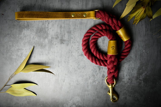 Handcrafted Burgundy Lead with Leaf Green Leather.