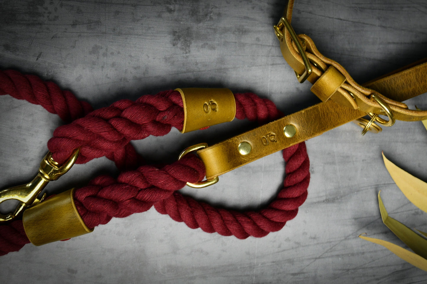 Handcrafted Burgundy Lead and Personalised Collar Set with Leaf Green Leather.