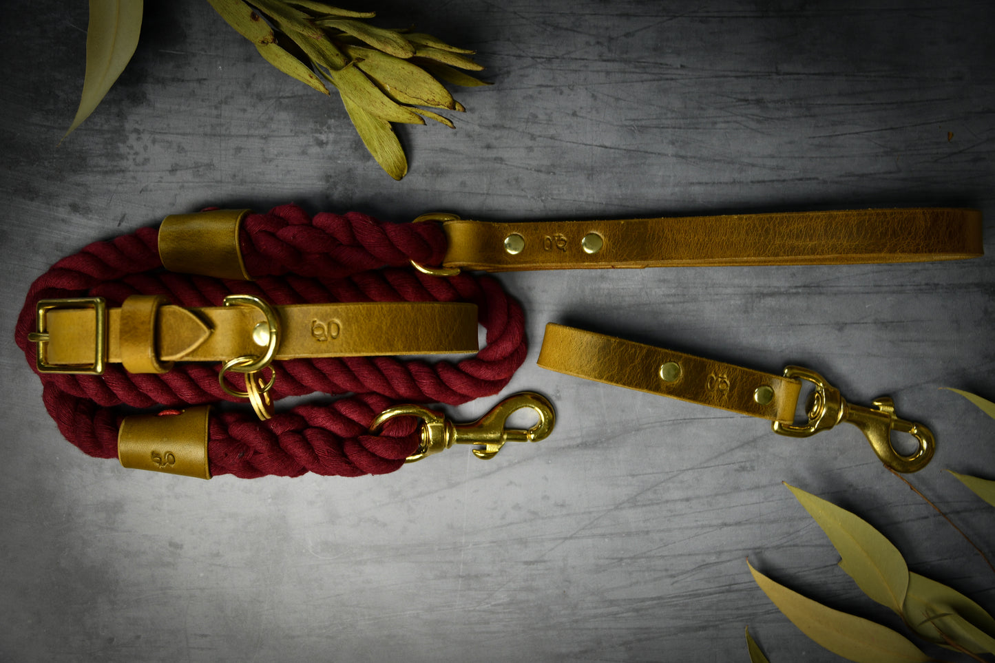 Handcrafted Burgundy Lead and Personalised Collar Set with Leaf Green Leather.