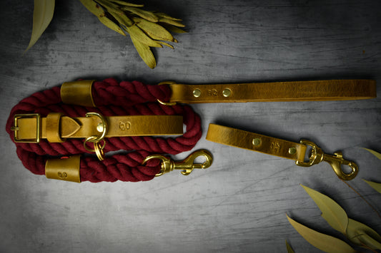 Handcrafted Burgundy Lead and Personalised Collar Set with Leaf Green Leather.