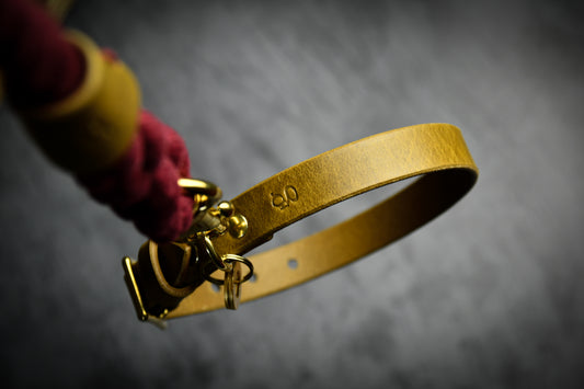 Handcrafted Burgundy Lead and Personalised Collar Set with Leaf Green Leather.