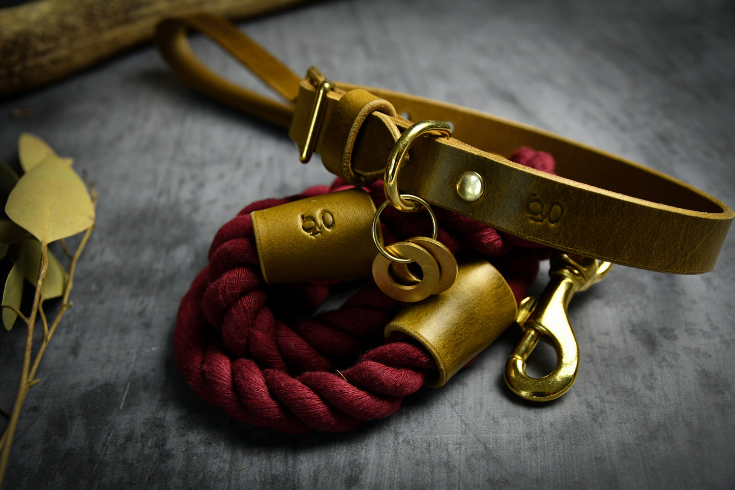 Handcrafted Burgundy Lead and Personalised Collar Set with Leaf Green Leather.