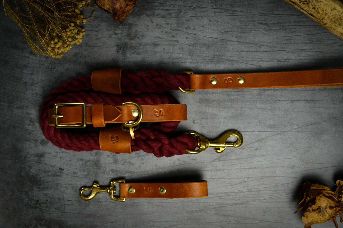 Handcrafted Burgundy Lead and Personalised Collar Set with Tan Leather.