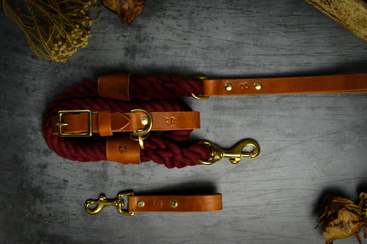 Handcrafted Burgundy Lead and Personalised Collar Set with Tan Leather.