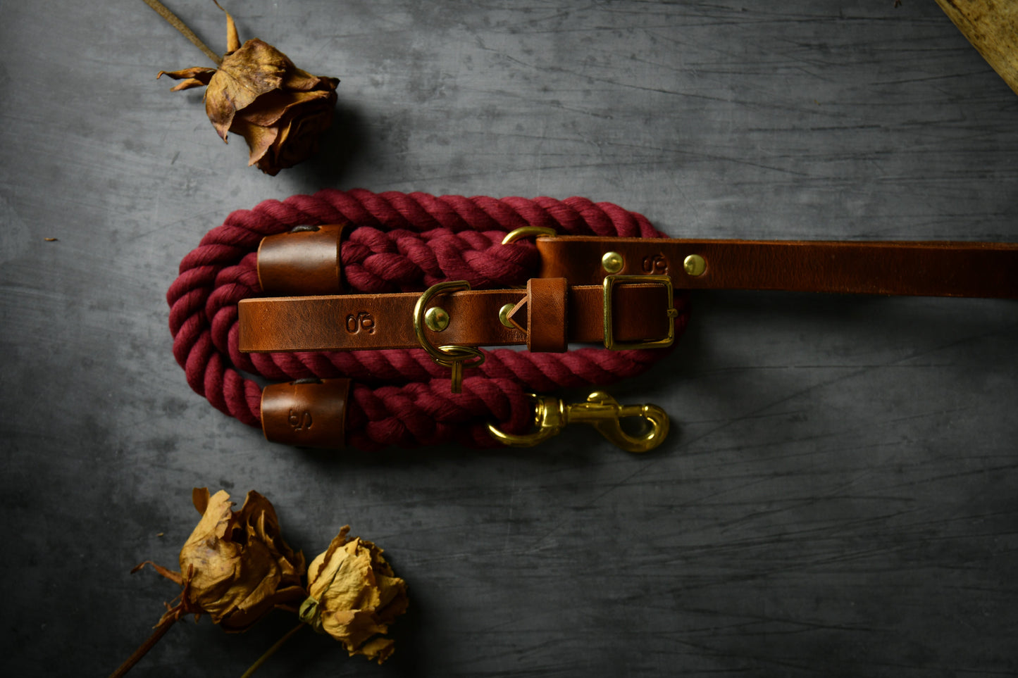 Handcrafted Burgundy Lead and Personalised Collar Set with Chestnut Leather.