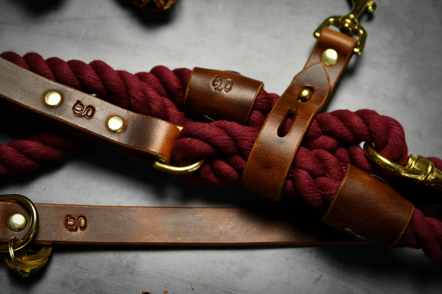 Handcrafted Burgundy Lead and Personalised Collar Set with Chestnut Leather.