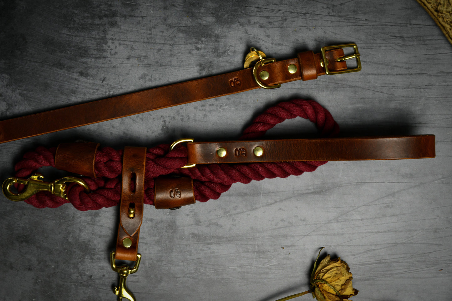 Handcrafted Burgundy Lead and Personalised Collar Set with Chestnut Leather.