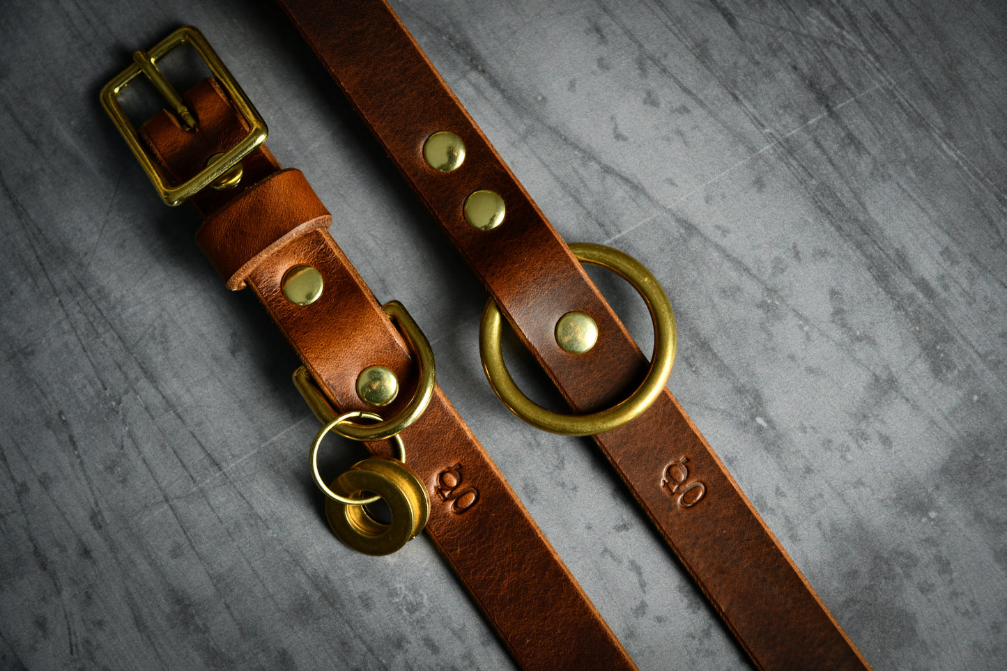 Handcrafted Chestnut Leather Lead and Personalised Collar Set.