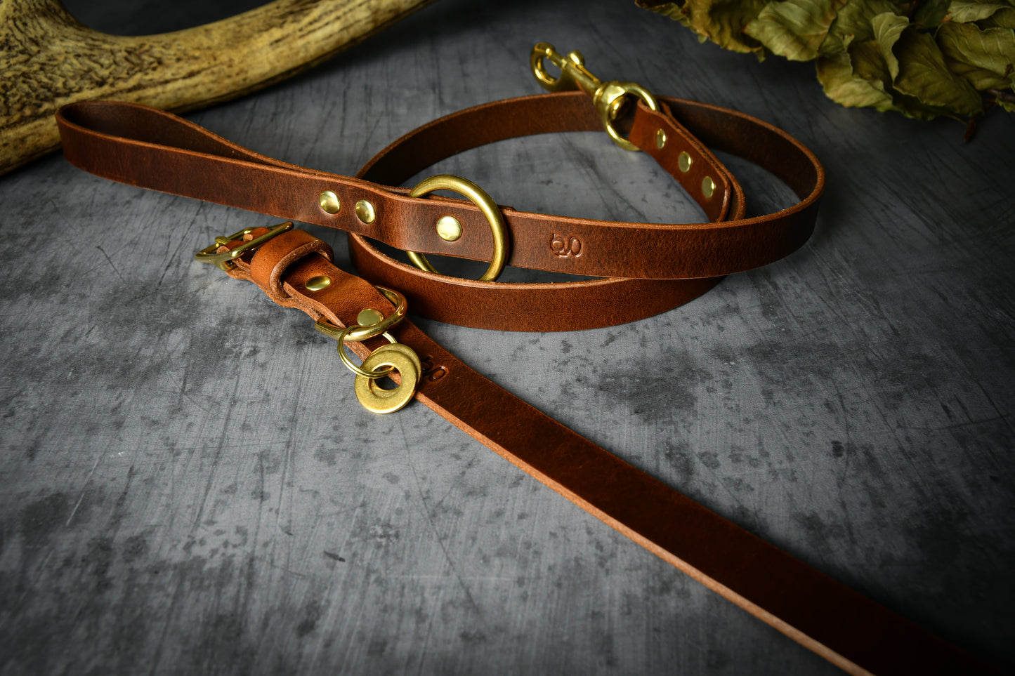 Handcrafted Chestnut Leather Lead and Personalised Collar Set.