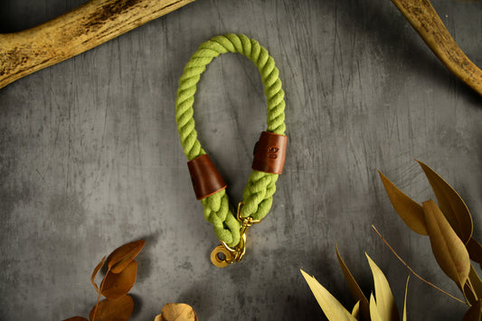 Handmade Olive Green Rope Dog Collar. Plastic free, 100% cotton rope with chestnut leather sleeves.