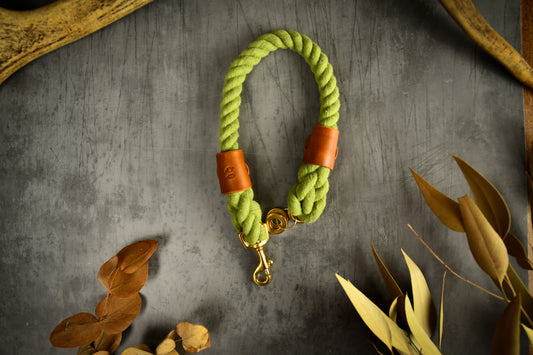 Handmade Olive Green Rope Dog Collar. Plastic free, 100% cotton rope with light tan leather sleeves.
