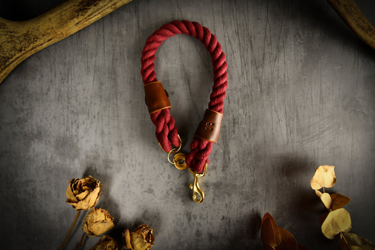 Handmade Burgundy Rope Dog Collar. Plastic free, 100% cotton rope with Chestnut leather sleeves.