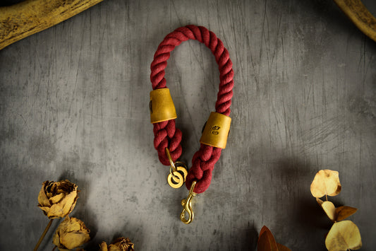 Handmade Burgundy Rope Dog Collar. Plastic free, 100% cotton rope with leaf green leather sleeves.