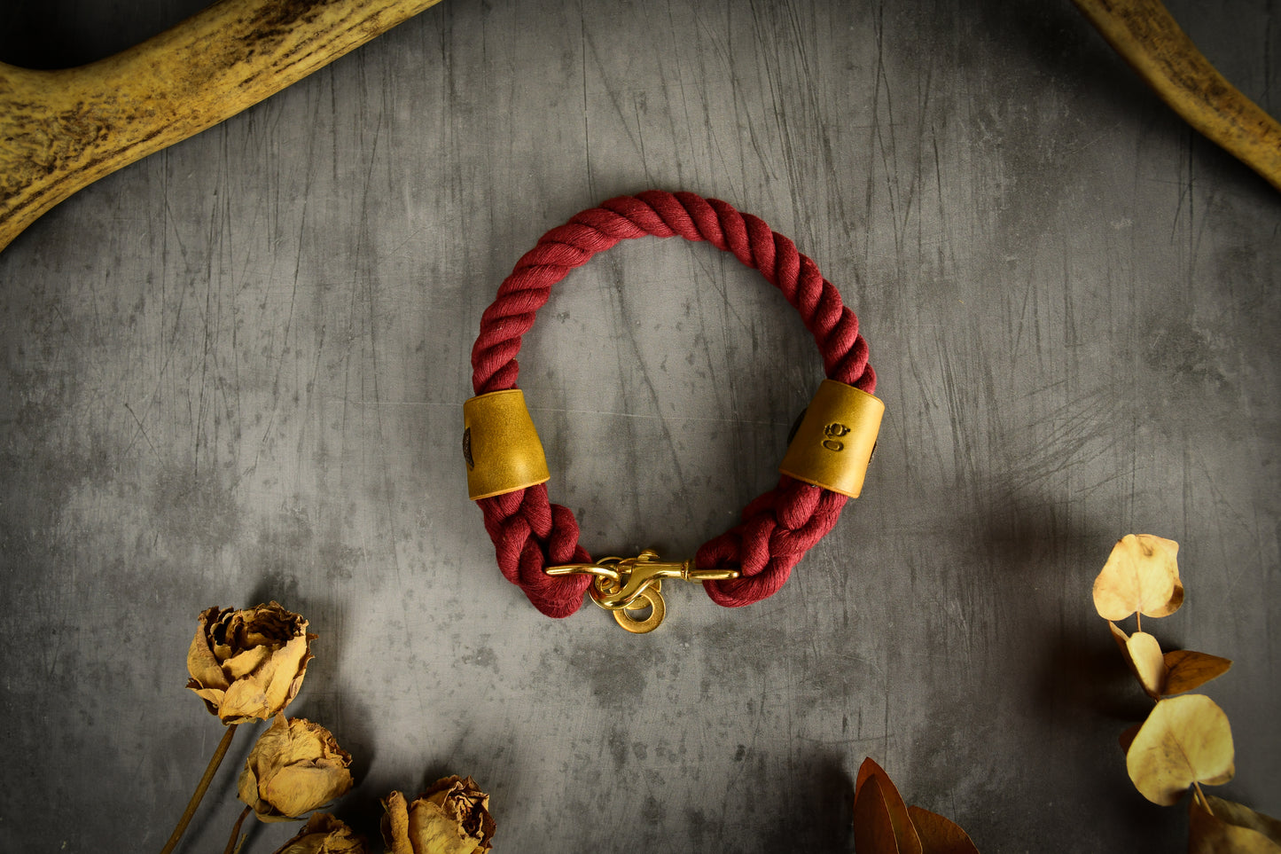 Handmade Burgundy Rope Dog Collar. Plastic free, 100% cotton rope with leaf green leather sleeves.