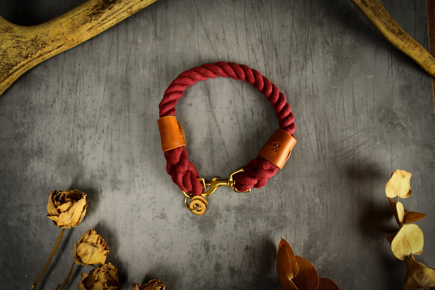 Handmade Burgundy Rope Dog Collar. Plastic free, 100% cotton rope with light tan leather sleeves.