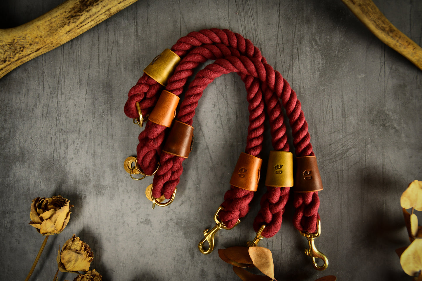 Handmade Burgundy Rope Dog Collar. Plastic free, 100% cotton rope with leaf green leather sleeves.