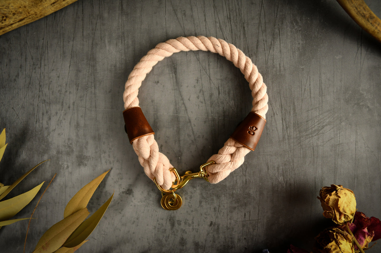 Handmade Pastel Pink Rope Dog Collar. Plastic free, 100% cotton rope with chestnut leather sleeves.