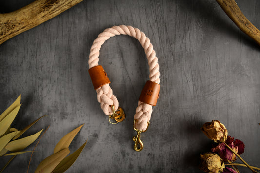 Handmade Pastel Pink Rope Dog Collar. Plastic free, 100% cotton rope with light tan leather sleeves.