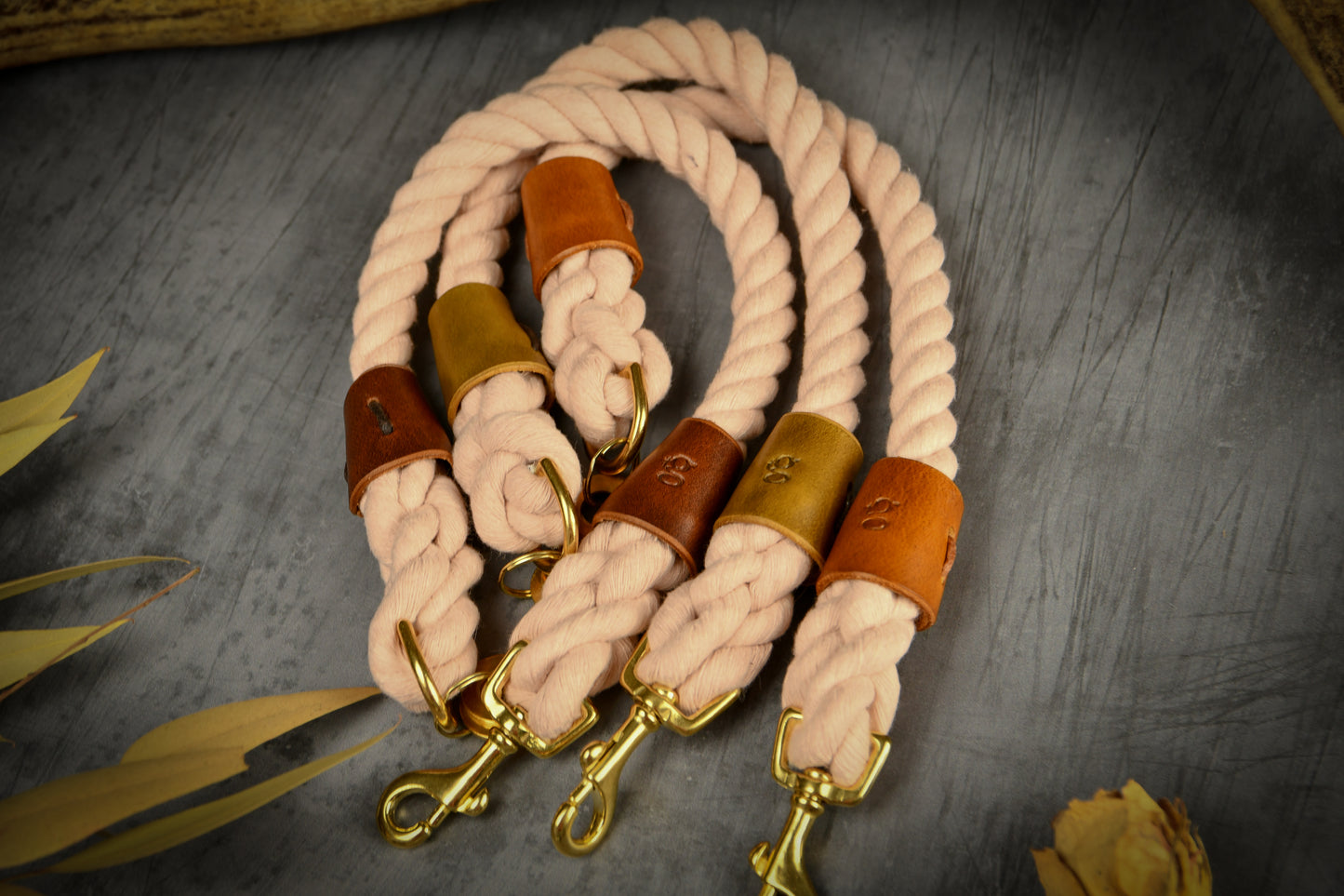 Handmade Pastel Pink Rope Dog Collar. Plastic free, 100% cotton rope with chestnut leather sleeves.