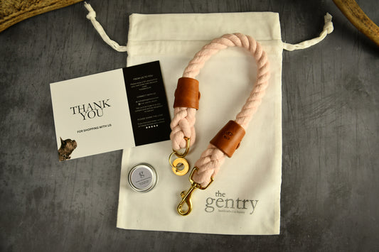 Handmade Pastel Pink Rope Dog Collar. Plastic free, 100% cotton rope with light tan leather sleeves.