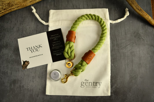 Handmade Olive Green Rope Dog Collar. Plastic free, 100% cotton rope with light tan leather sleeves.