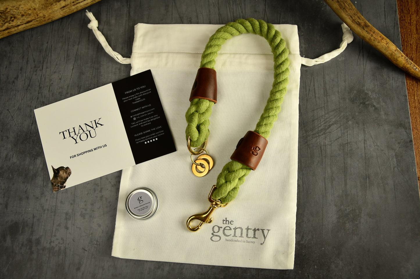 Handmade Olive Green Rope Dog Collar. Plastic free, 100% cotton rope with chestnut leather sleeves.