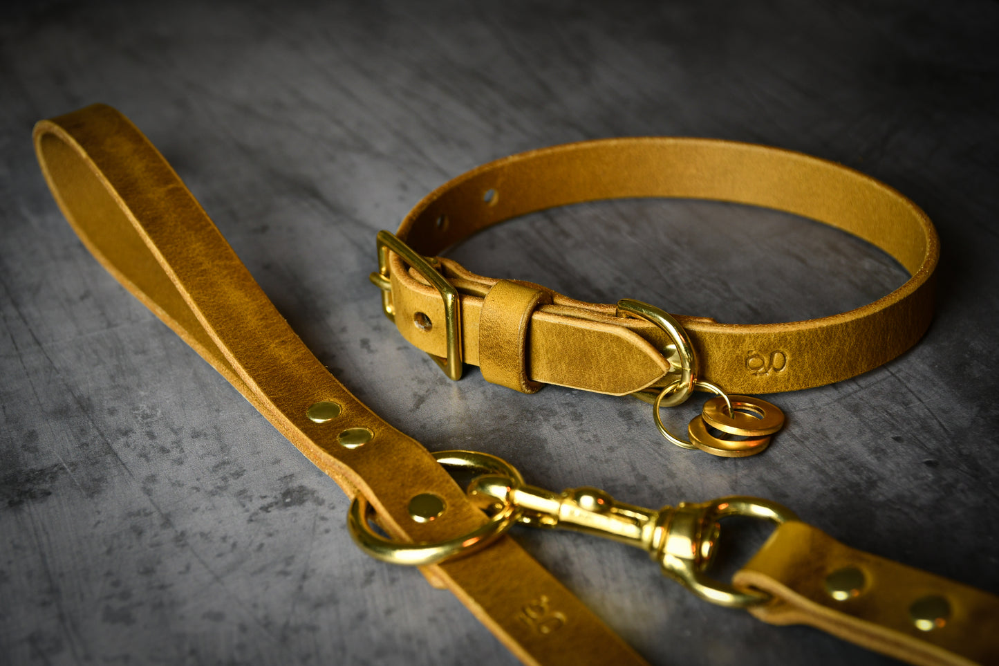 Handcrafted Leaf Green Leather Lead and Personalised Collar Set.