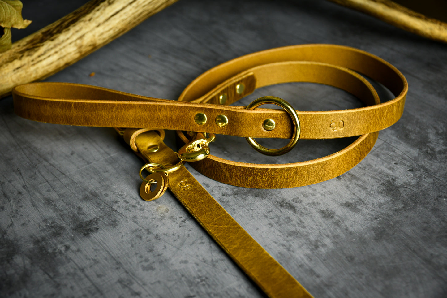 Handcrafted Leaf Green Leather Lead and Personalised Collar Set.