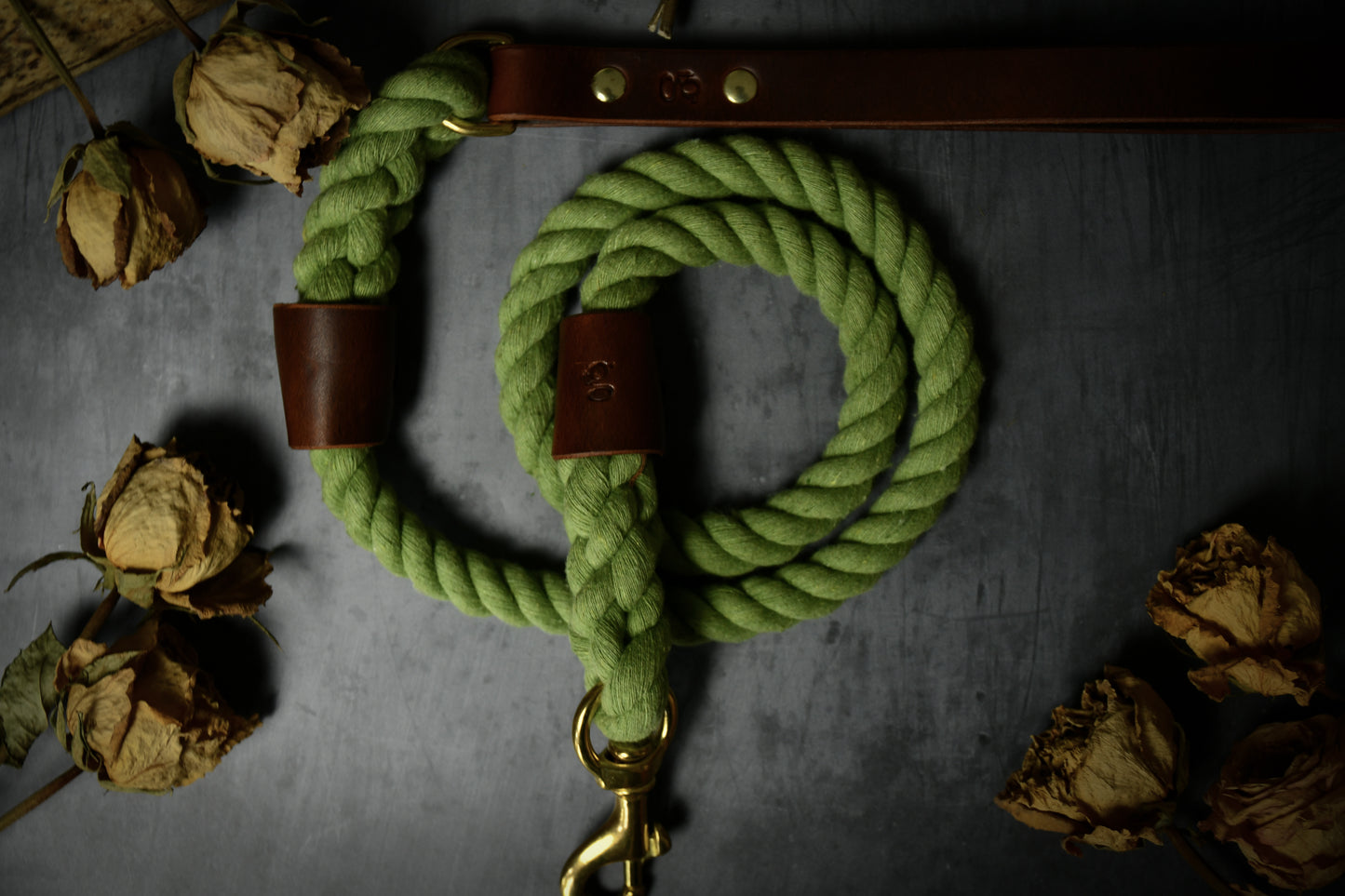 Handcrafted Olive Green Lead and Personalised Collar Set with Chestnut Leather.