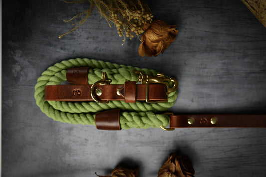 Handcrafted Olive Green Lead and Personalised Collar Set with Chestnut Leather.