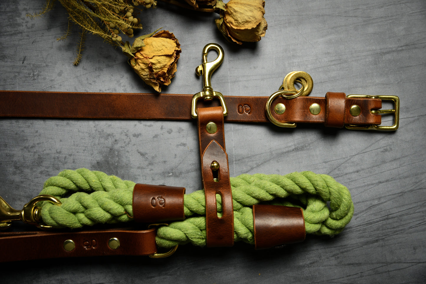 Handcrafted Olive Green Lead and Personalised Collar Set with Chestnut Leather.