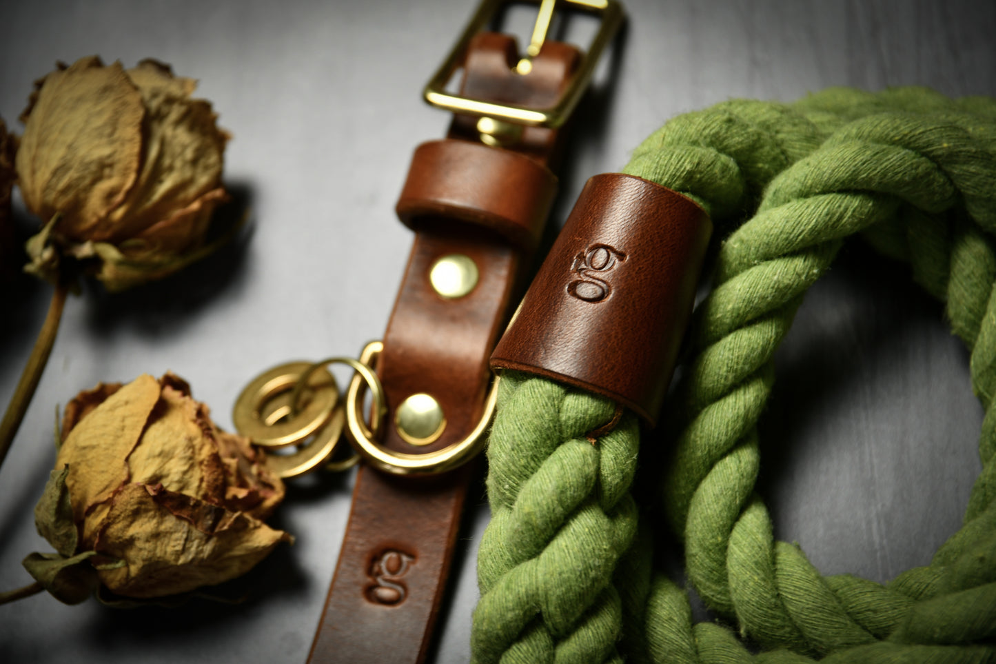 Handcrafted Olive Green Lead and Personalised Collar Set with Chestnut Leather.