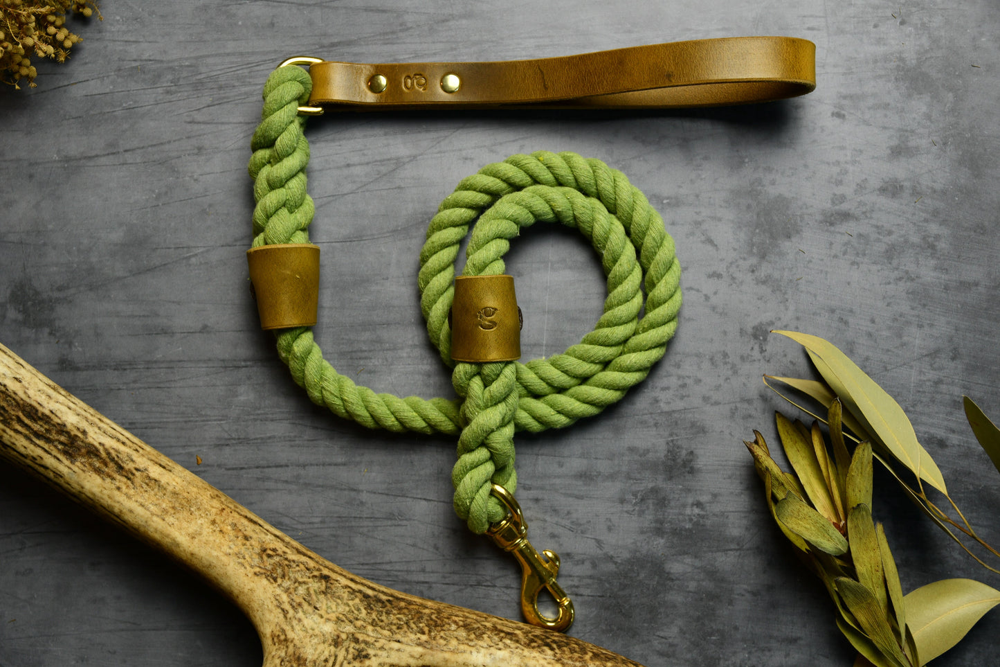 Handcrafted Olive Green Lead with Leaf Green Leather.