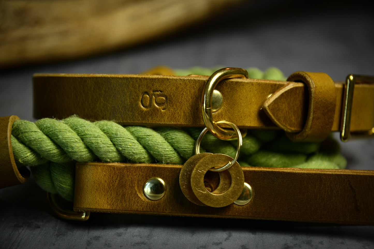 Handcrafted Olive Green Lead and Personalised Collar Set with Leaf Green Leather.