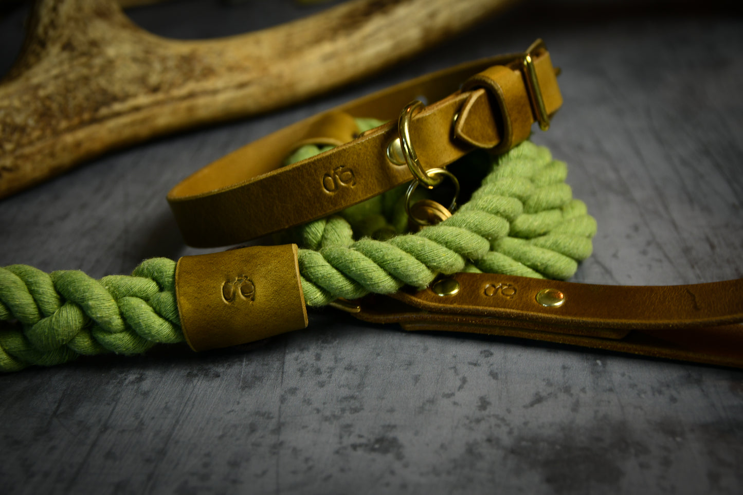 Handcrafted Olive Green Lead and Personalised Collar Set with Leaf Green Leather.