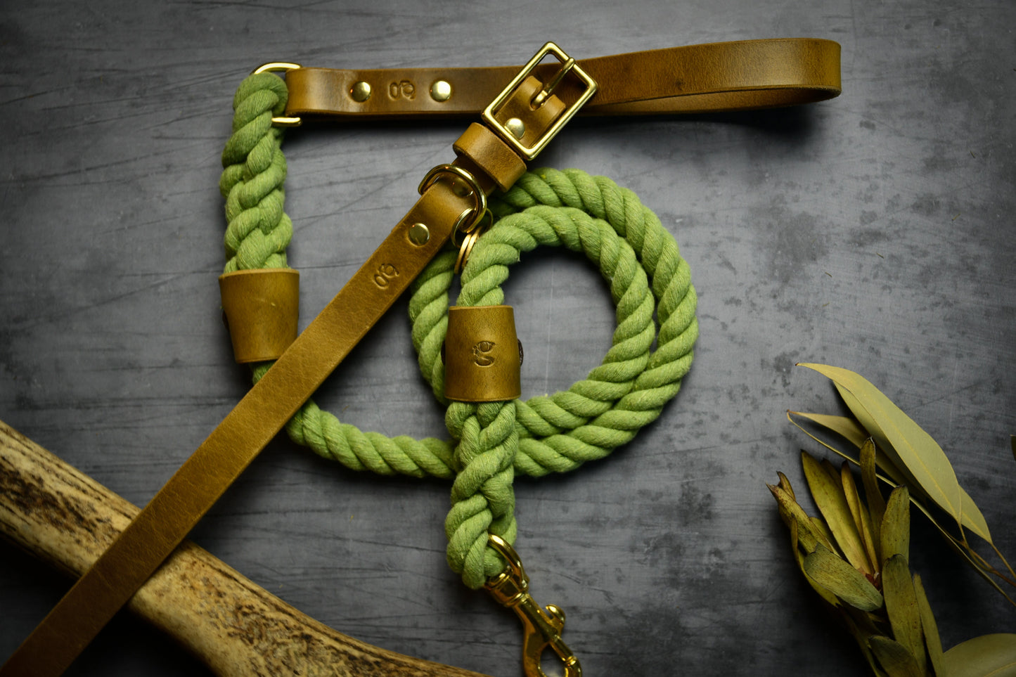 Handcrafted Olive Green Lead and Personalised Collar Set with Leaf Green Leather.