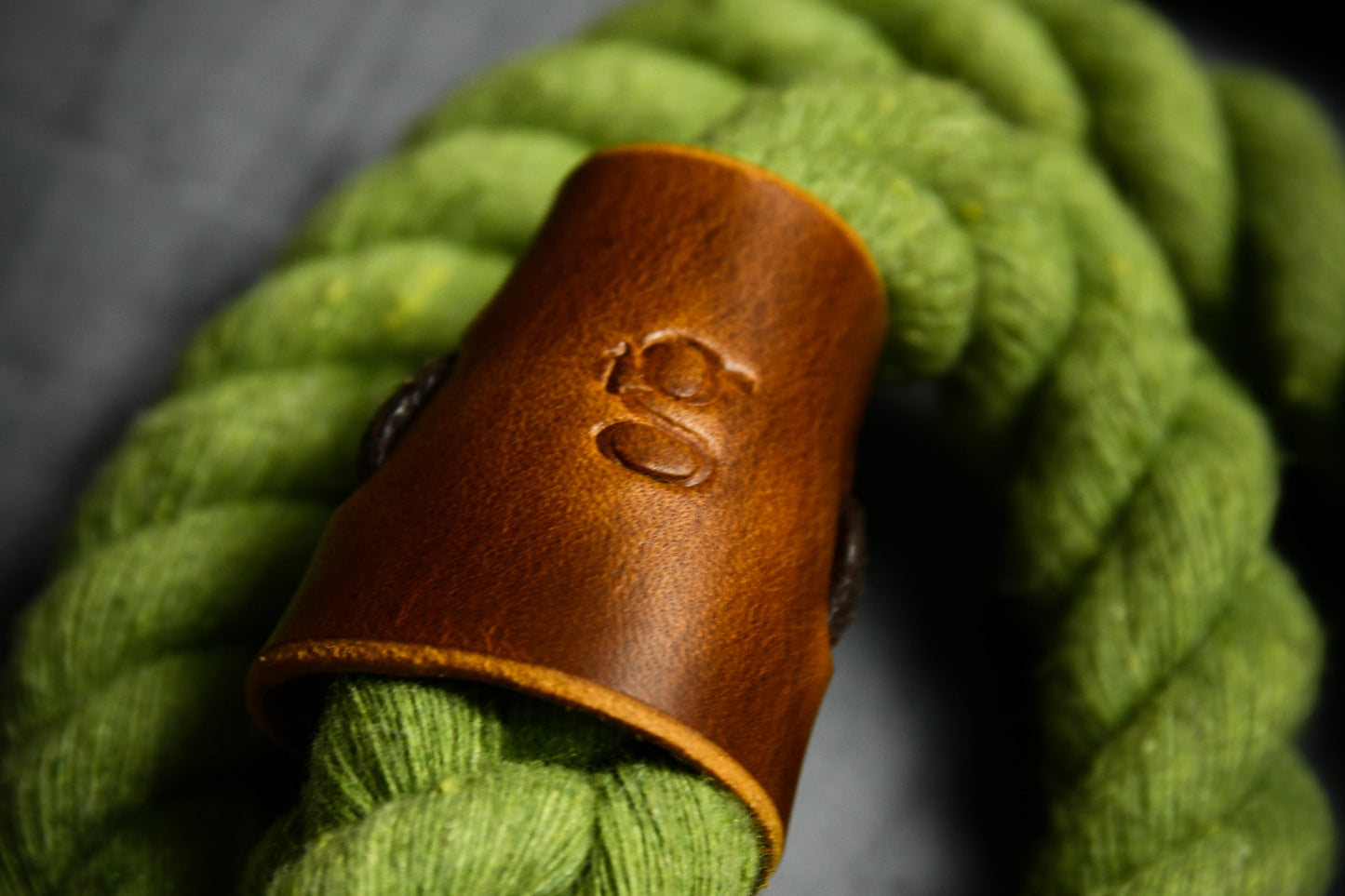 Handcrafted Olive Green Lead with Light Tan Leather.