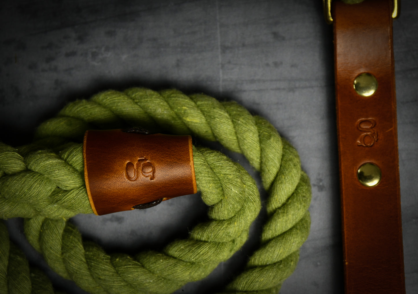 Handcrafted Olive Green Lead with Light Tan Leather.