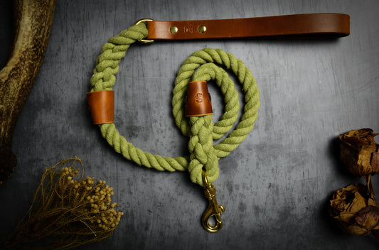 Handcrafted Olive Green Lead with Light Tan Leather.