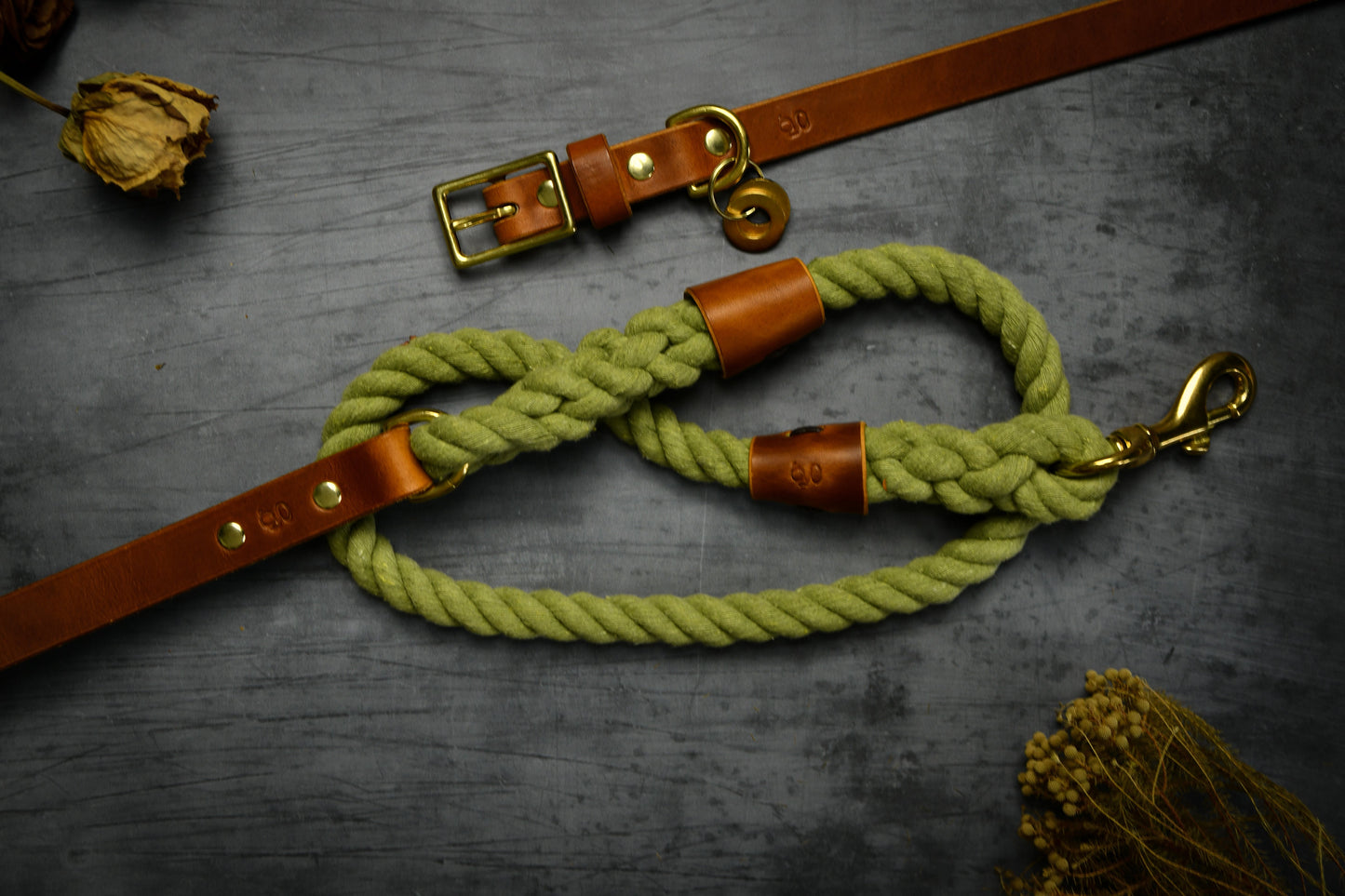 Handcrafted Olive Green Lead and Personalised Collar Set with Tan Leather.