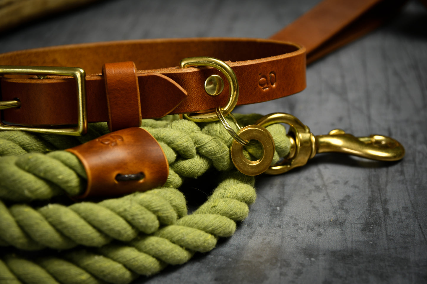 Handcrafted Olive Green Lead and Personalised Collar Set with Tan Leather.