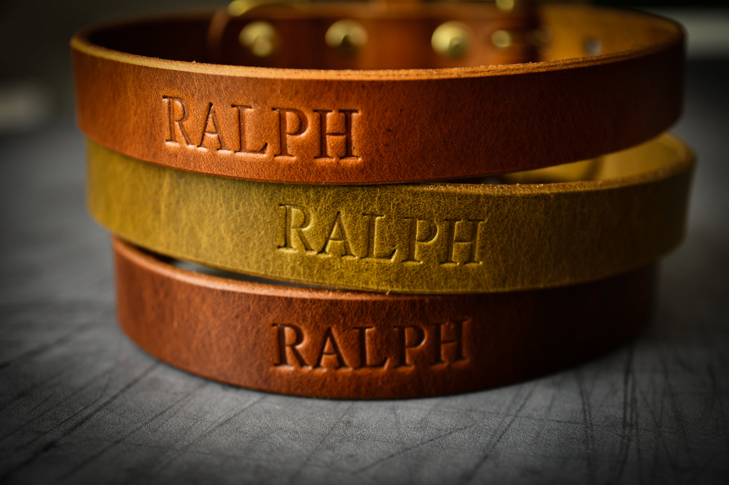 Handcrafted Personalised Chestnut Leather Collar.