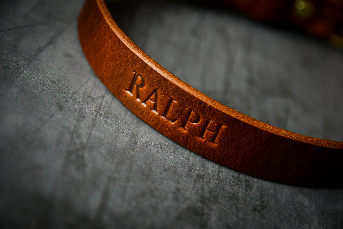 Handcrafted Personalised Chestnut Leather Collar.