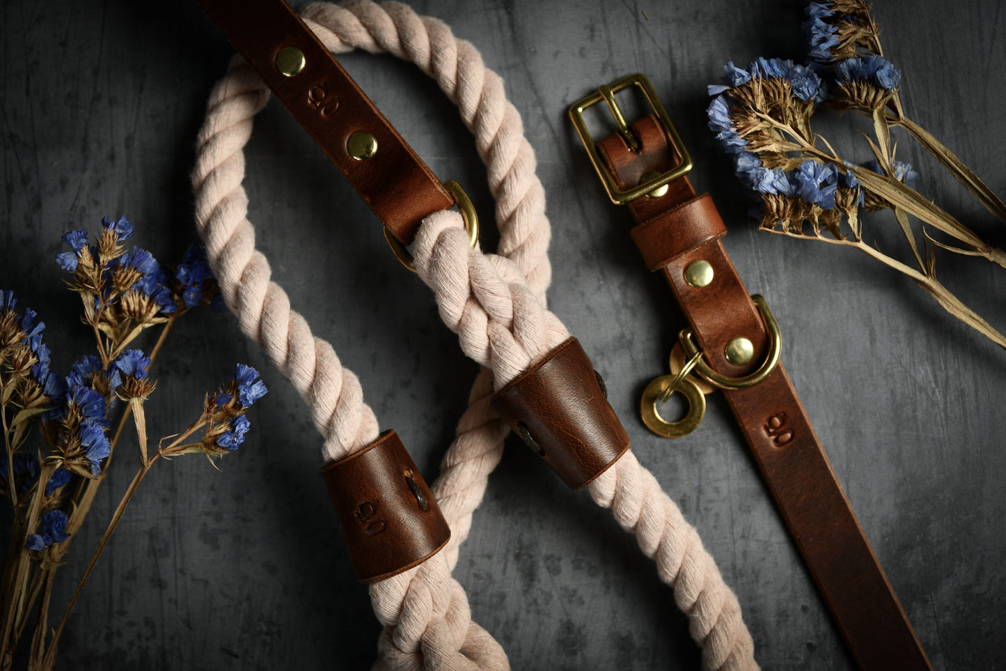 Handcrafted Pastel Pink Lead and Personalised Collar Set with Chestnut Leather.