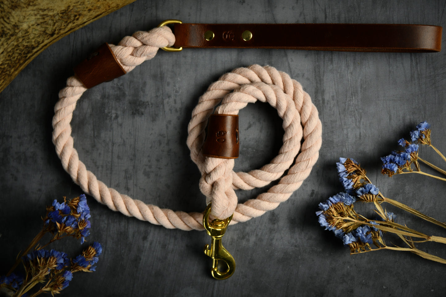 Handcrafted Pastel Pink Lead and Personalised Collar Set with Chestnut Leather.