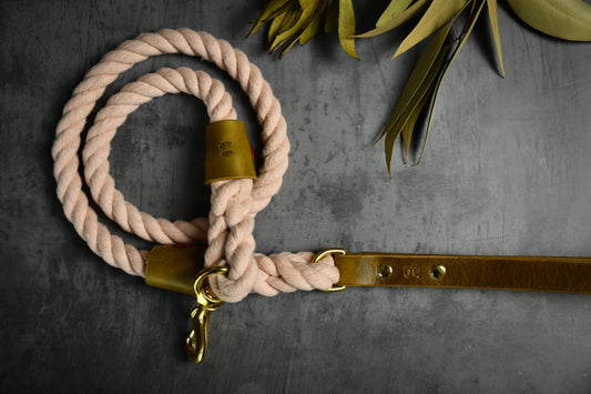 Handcrafted Pastel Pink Lead with Leaf Green Leather Sleeves.